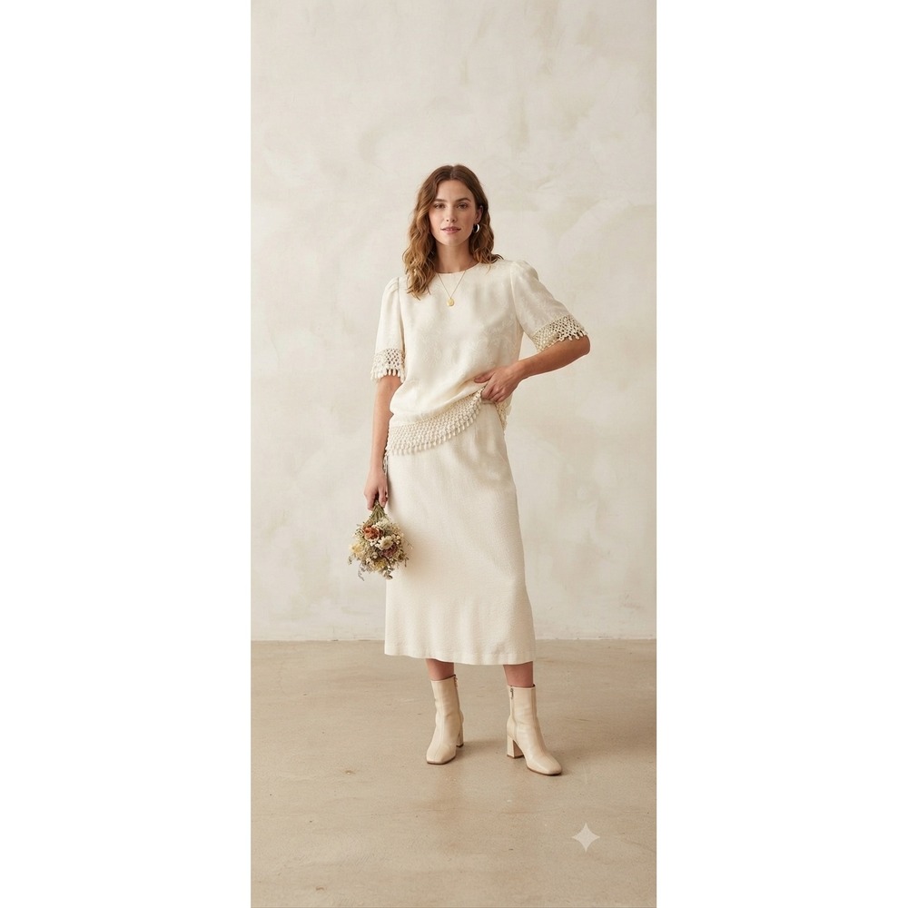 Amy-Deb Skirt Set Women M Cream Floral Jacquard Crochet Lace Tassel Vintage